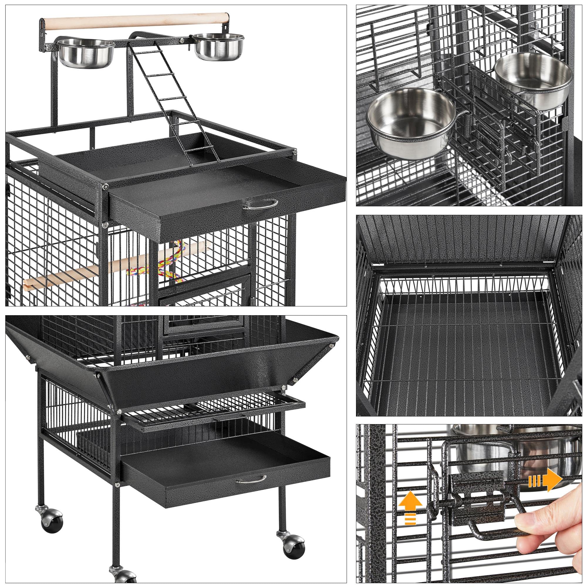 Yaheetech 61.5-inch Wrought Iron Rolling Large Parrot Bird Cage for Parakeets with Play Top